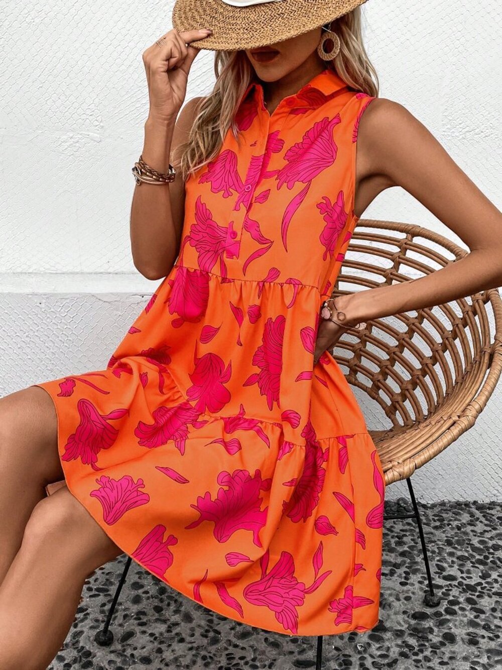 Orange Cute Women's Floral Print Ruffle Hem Dress - Picture 3 of 7